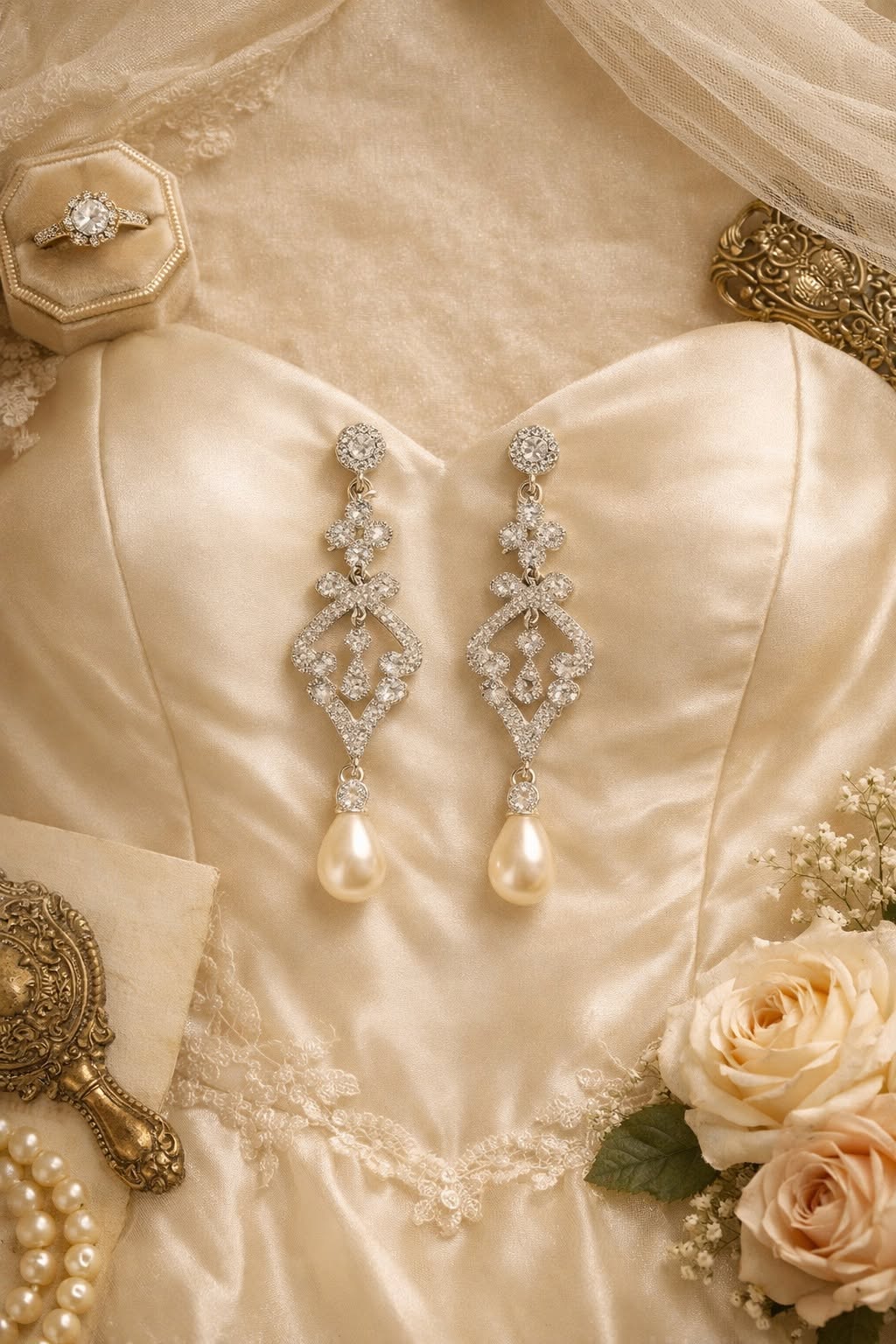 Picturesque Bridal Filigree Drop Faux Pearl Earrings - Image 2