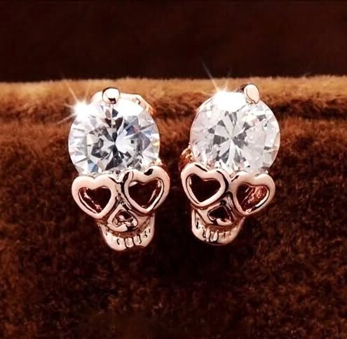 Stunning Round cut Cubic Zirconia Skull Stud Earrings 14K Rose Gold Plated.