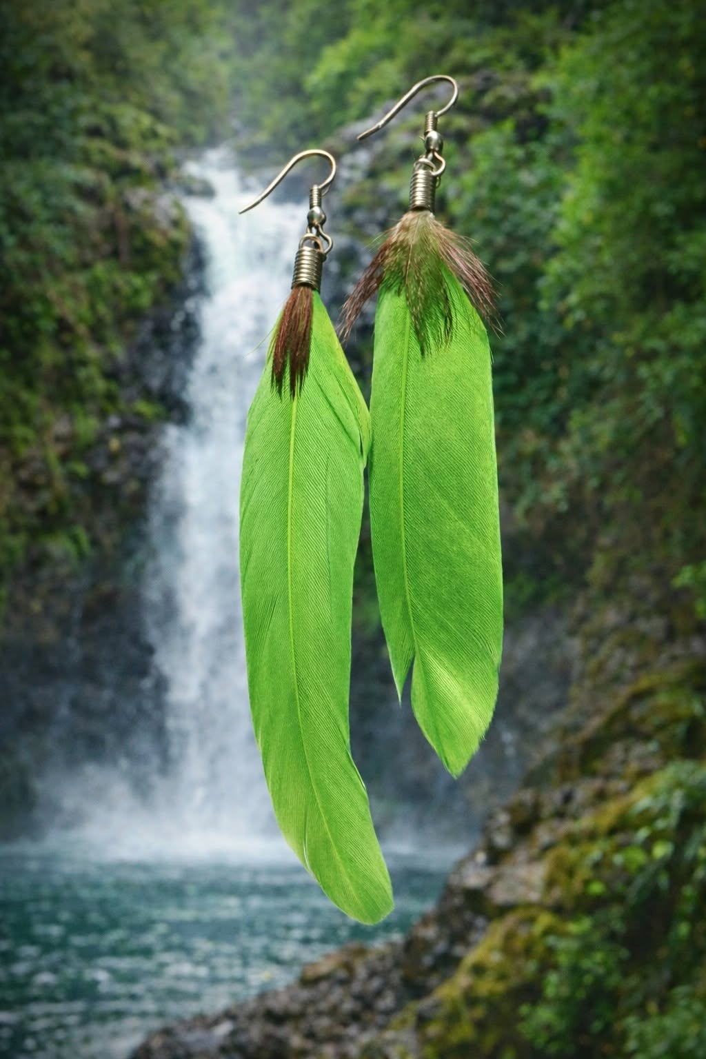 Sunny Long Drop Bright Green Feather Earrings - Image 8