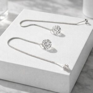 Silver Plated Cubic Zirconia Threader Long Drop Earrings.