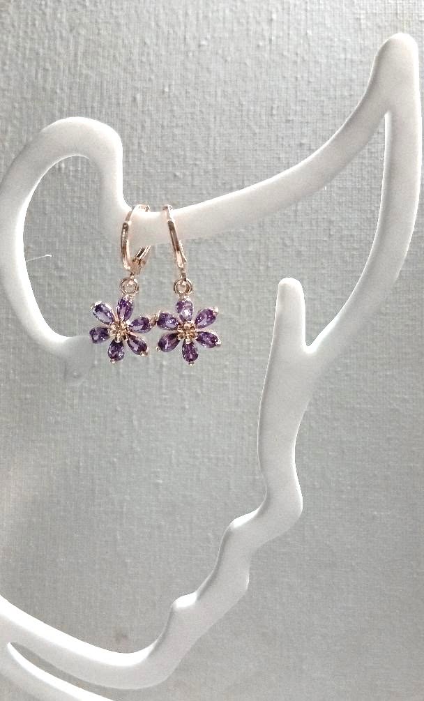 14K GP Flower Design with Marquise Amethysts Drop Earrings - Image 2