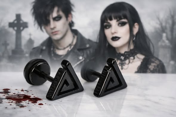 Black Geometric Triangle Titanium Earrings, Gothic Style - Image 3