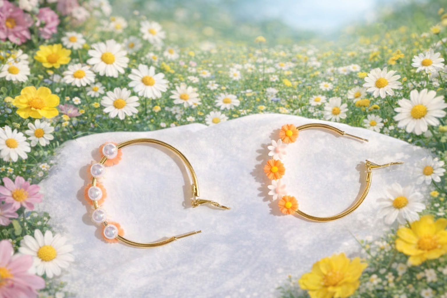 Double-Sided Gold Hoop Earrings – Floral & Pearl Styles