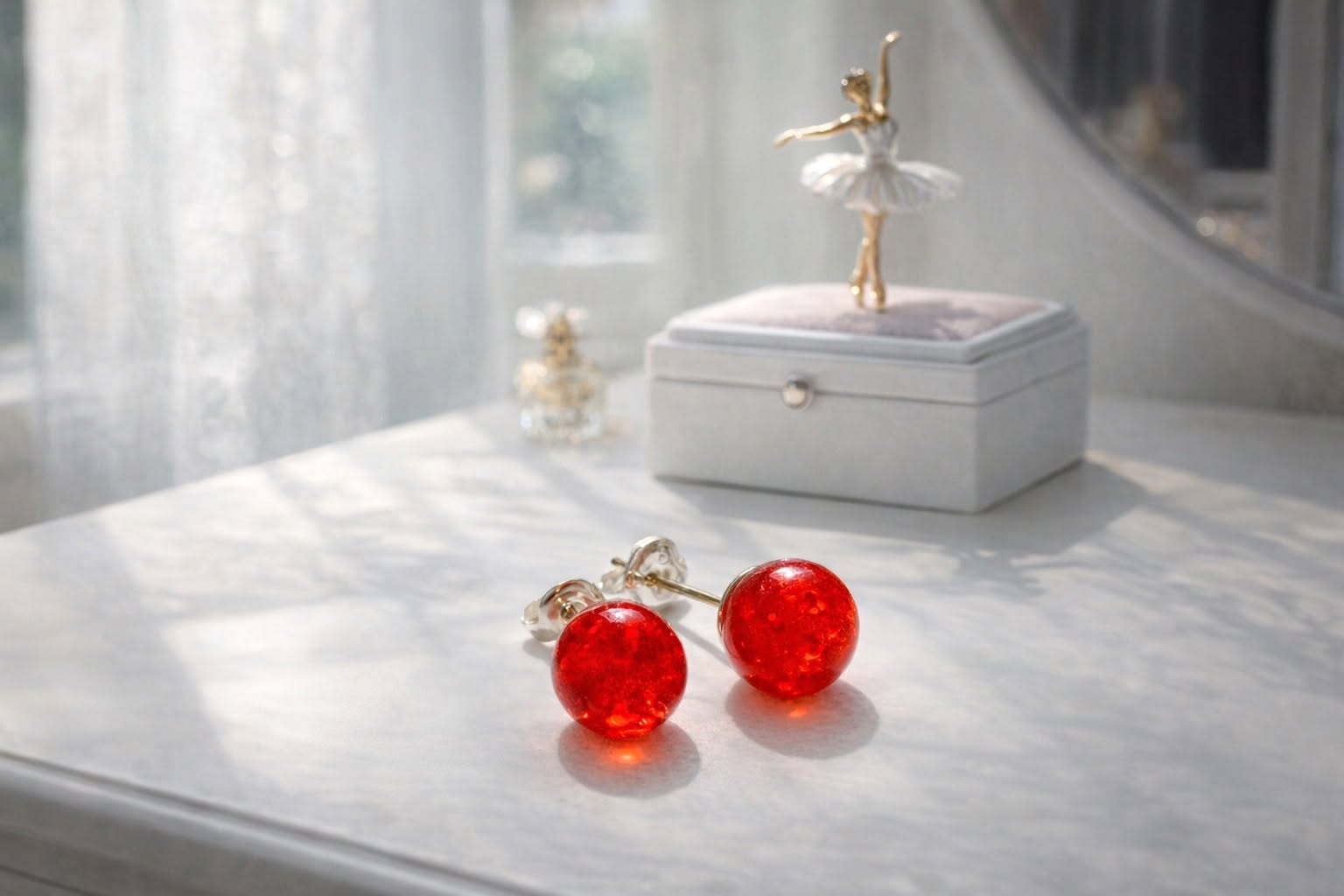 Beautiful Bright Red Resin Bead Stud Silver Tone Earrings - Image 3