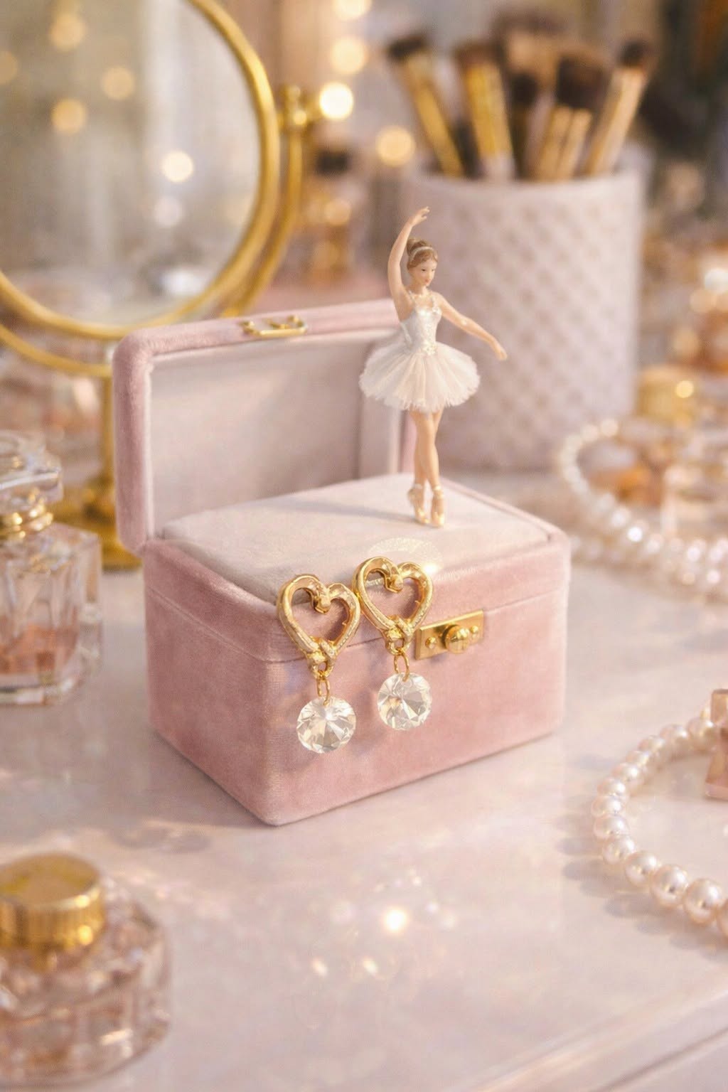 Beautiful Gold Tone Heart Dangle Earrings with Sparkling Zircon - Image 3