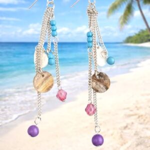 Beachy Silver‑Tone Dangle Earrings – Turquoise, Pink & Purple Beads