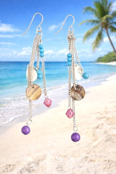 Beachy Silver‑Tone Dangle Earrings – Turquoise, Pink & Purple Beads