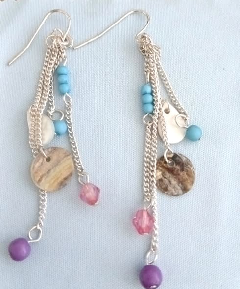 Beachy Silver‑Tone Dangle Earrings – Turquoise, Pink & Purple Beads - Image 2