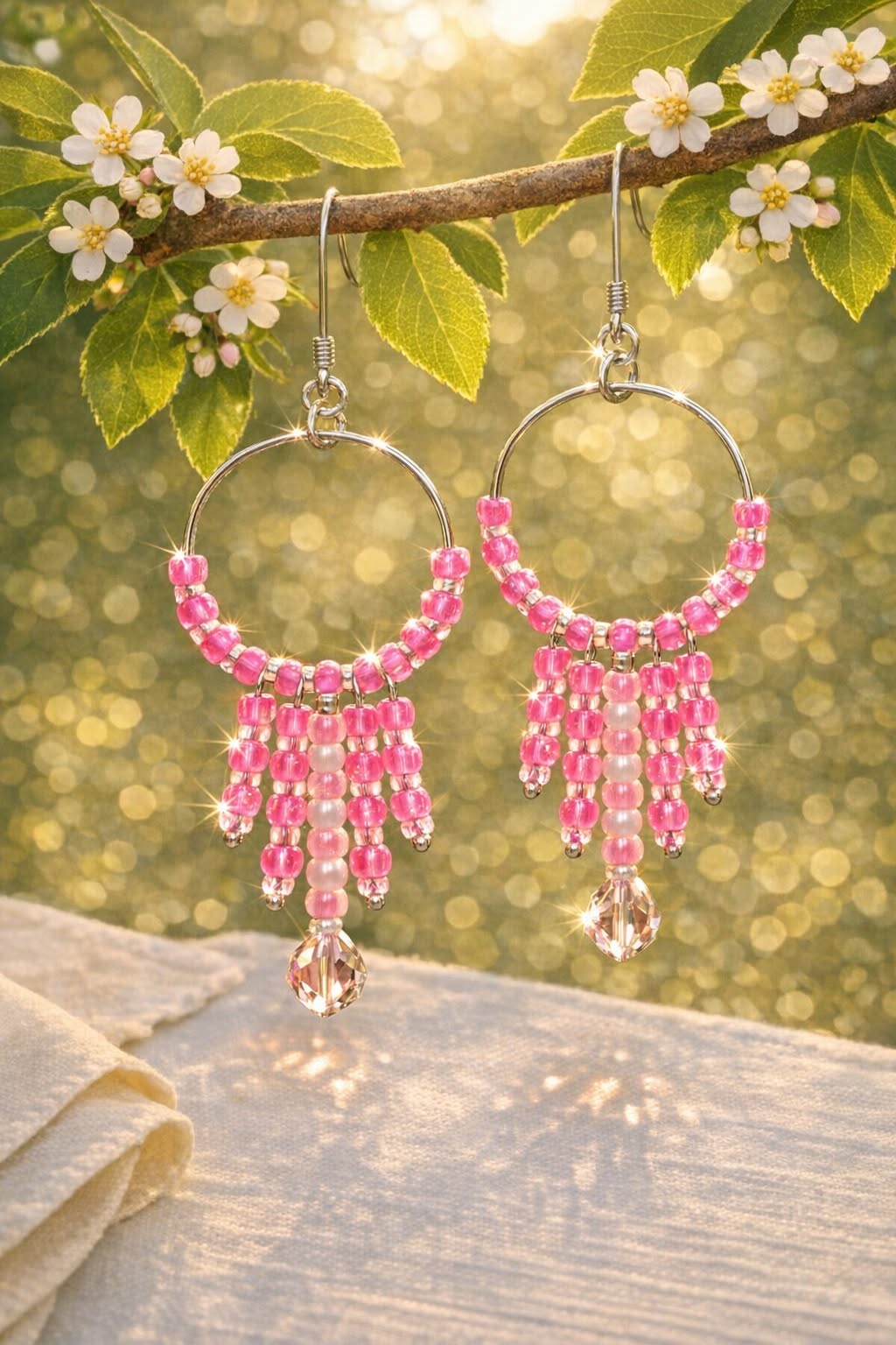 Handmade Pearl Hoop Earrings – Crystal Bead & Silver Tone Hooks