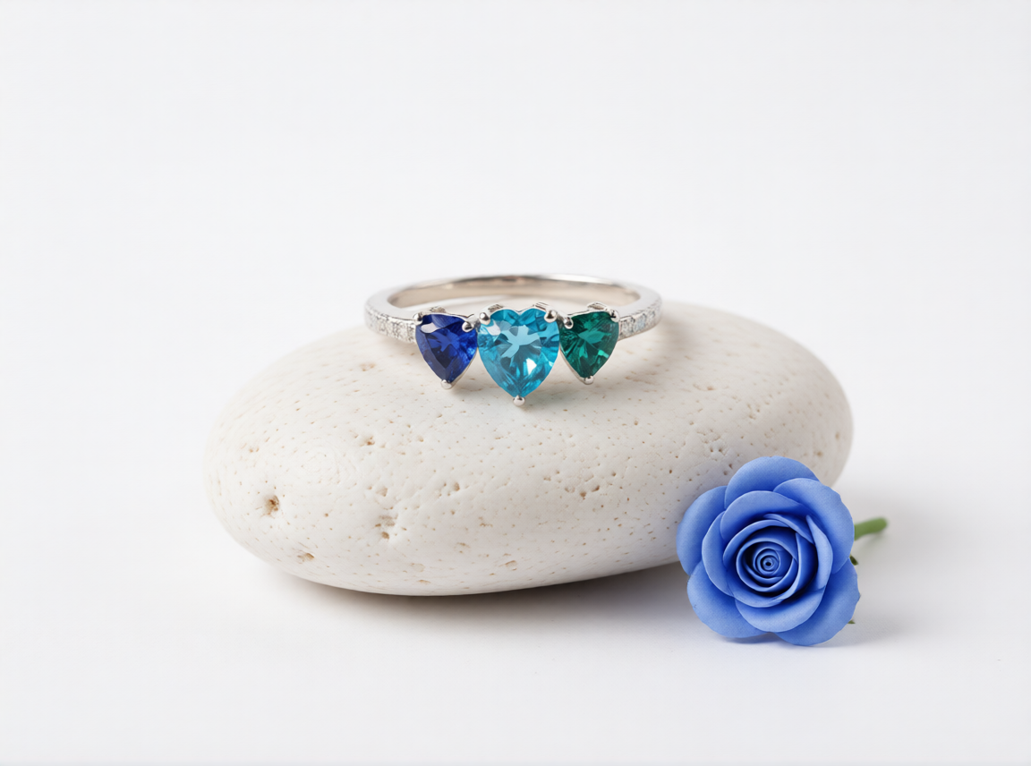 Sterling Silver 925 Ring – Three Blue Heart Topaz Gemstones