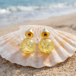 Beautiful Soft Yellow Resin Bead Stud Gold Tone Earrings
