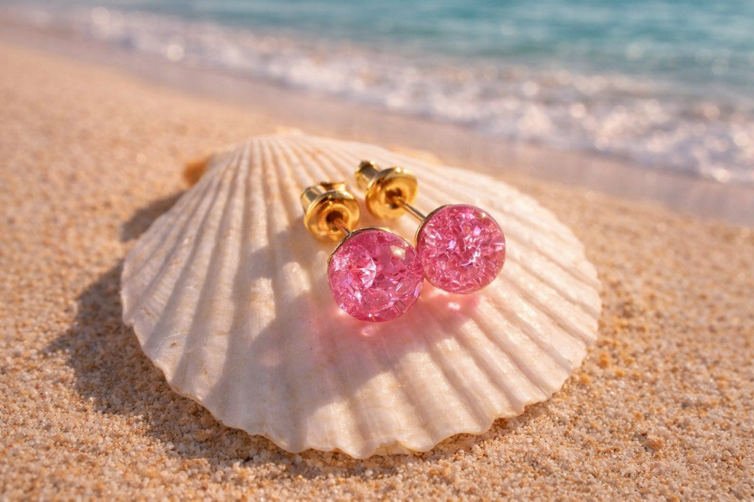 Beautiful Bright Pink Resin Bead Stud Earrings