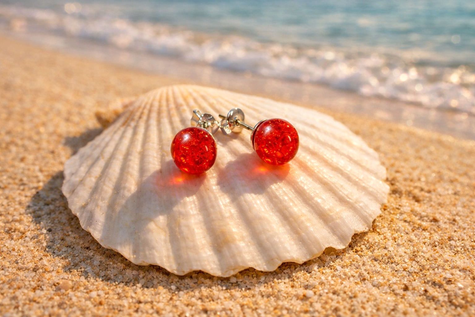 Beautiful Bright Red Resin Bead Stud Silver Tone Earrings - Image 2