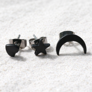 ✨ Black Heart, Star & Crescent Moon Stud Earrings – Silver Posts – Minimalist Trio Set