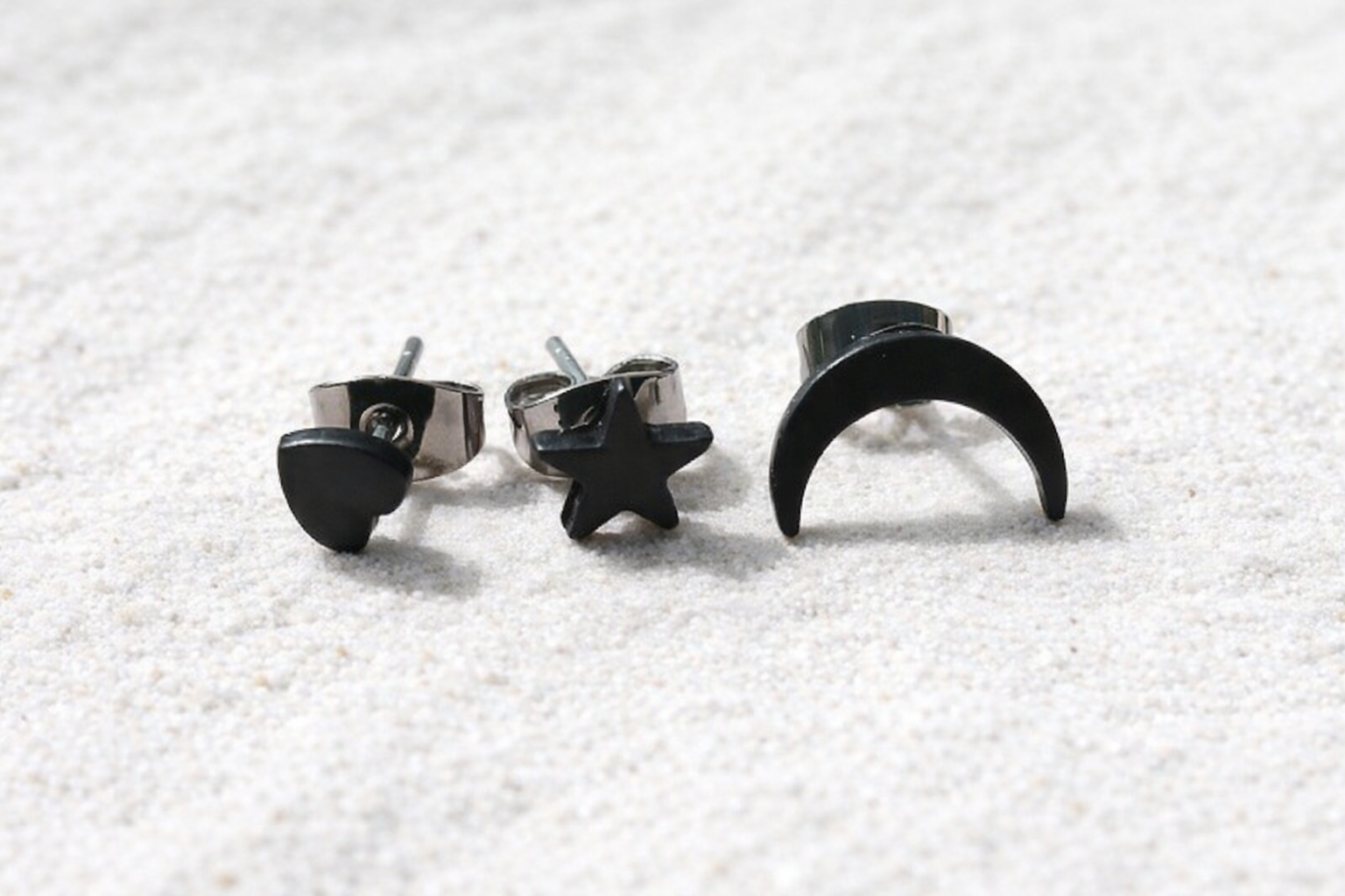 ✨ Black Heart, Star & Crescent Moon Stud Earrings – Silver Posts – Minimalist Trio Set