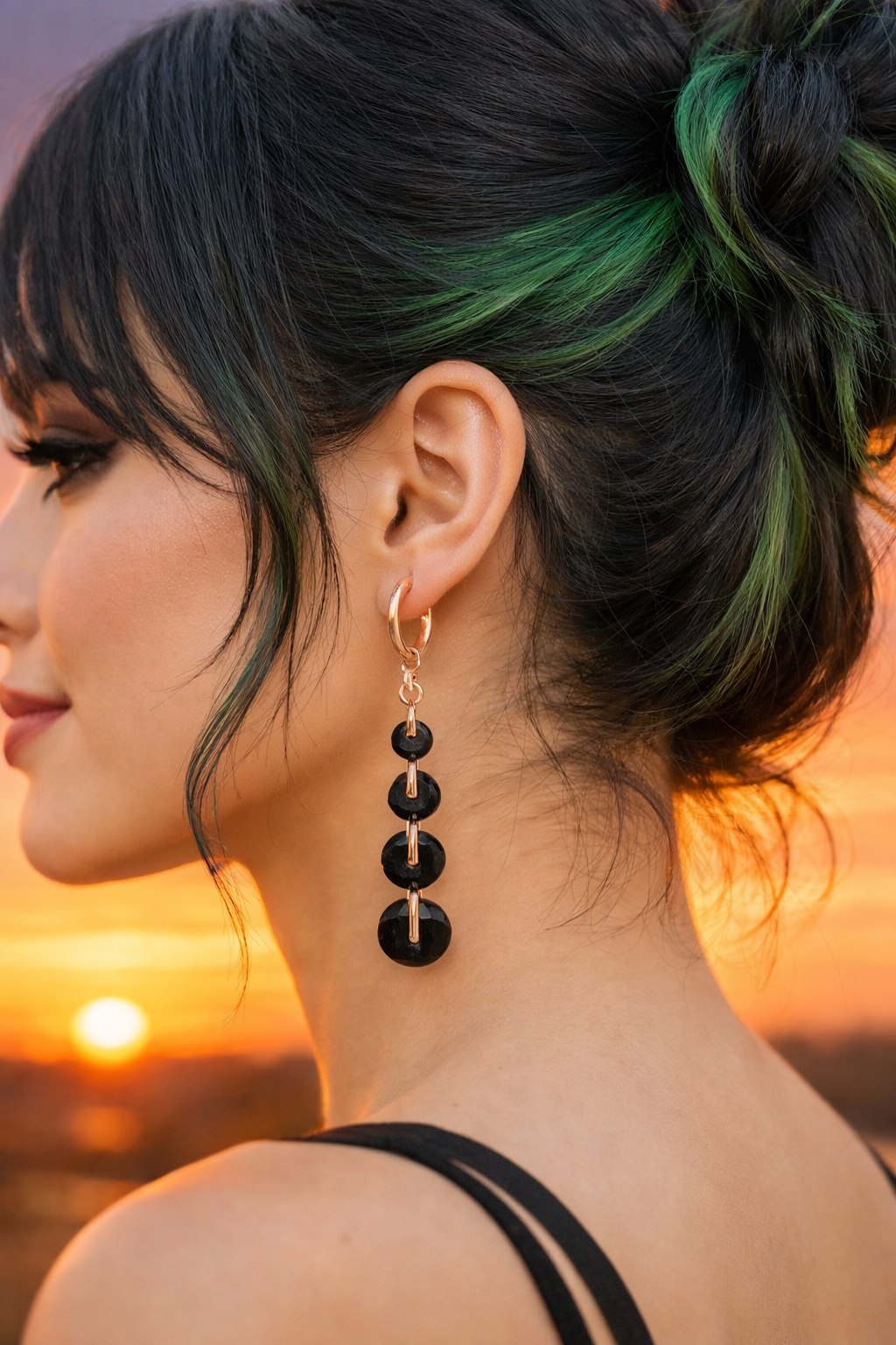 Artistic Black Onyx & Yellow Gold Dangle Drop Earrings - Image 2