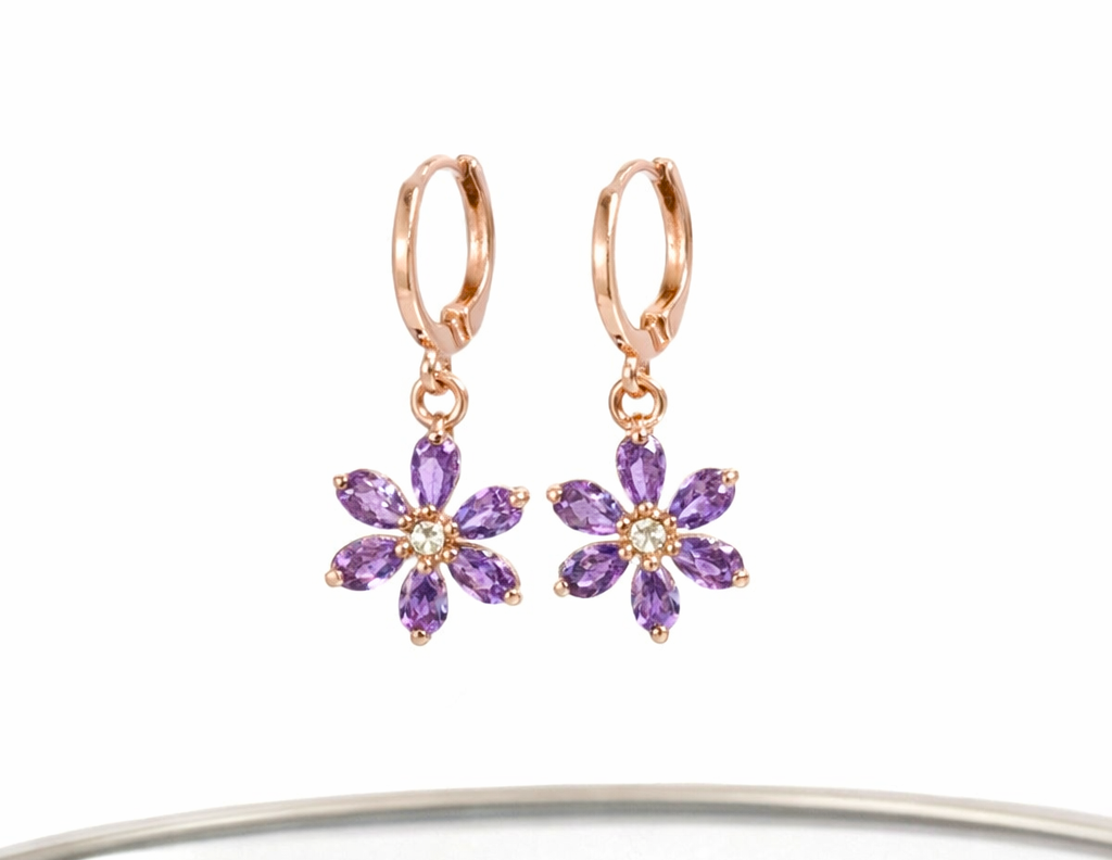 14K GP Flower Design with Marquise Amethysts Drop Earrings