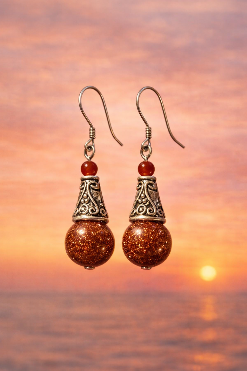 Bohemian Glitter Cabochon Earrings – 925 Silver Hooks