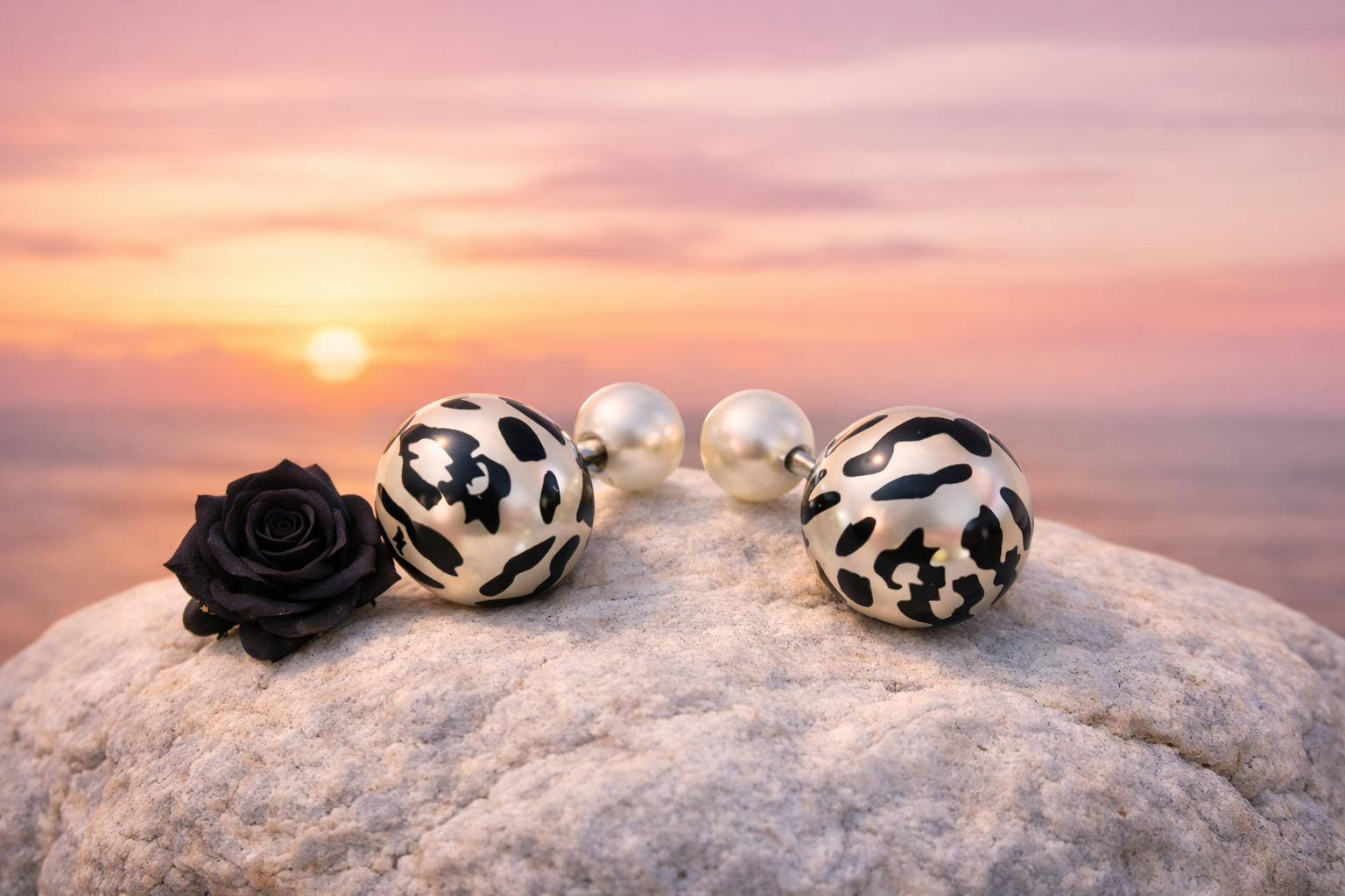 Double sided Stud: Black Tiger Print & White Silver Tone Studs - Image 2