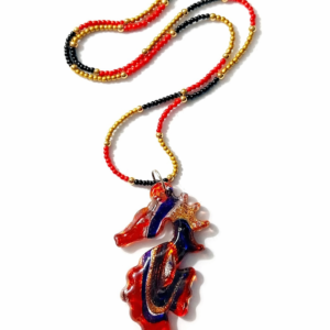 Stunning Resin Seahorse Necklace – Red, Black & Gold Beads