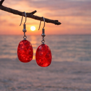 Imitation Oval Red Amber Teardrop Earrings – Silver Bead Hooks