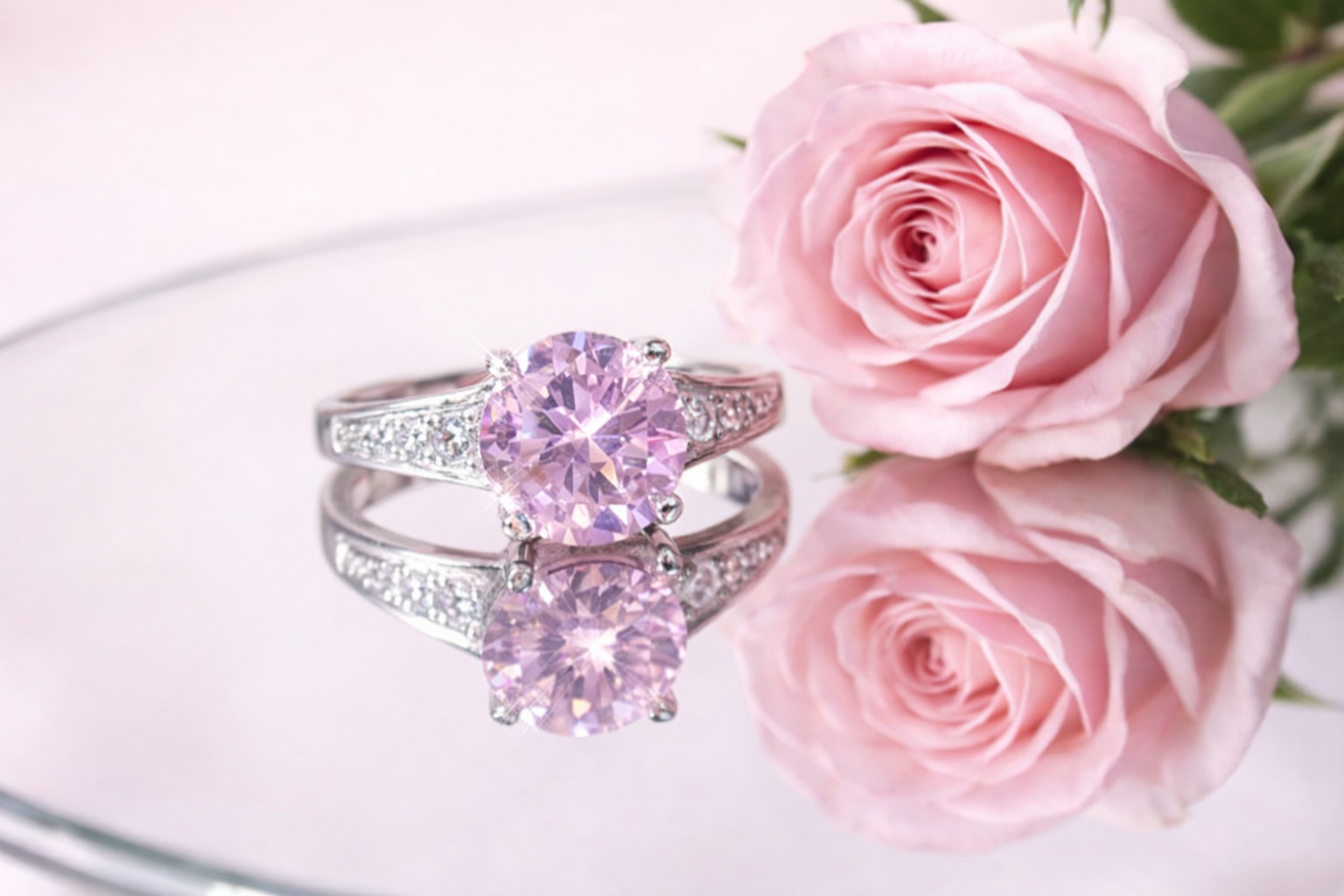 Amazing 925 Sterling Silver Round Pink Topaz & Cubic Zirconia Ring