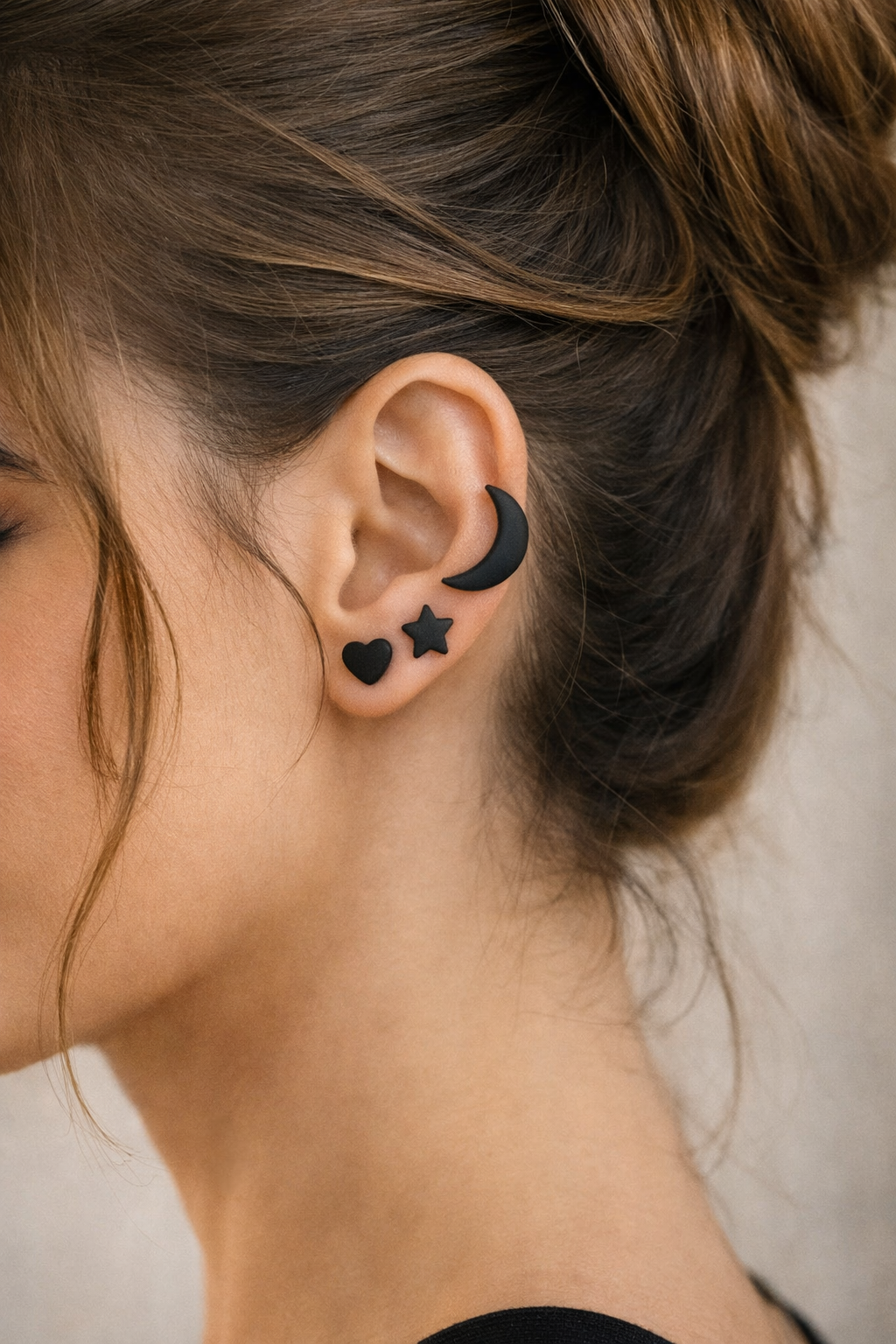 ✨ Black Heart, Star & Crescent Moon Stud Earrings – Silver Posts – Minimalist Trio Set - Image 2
