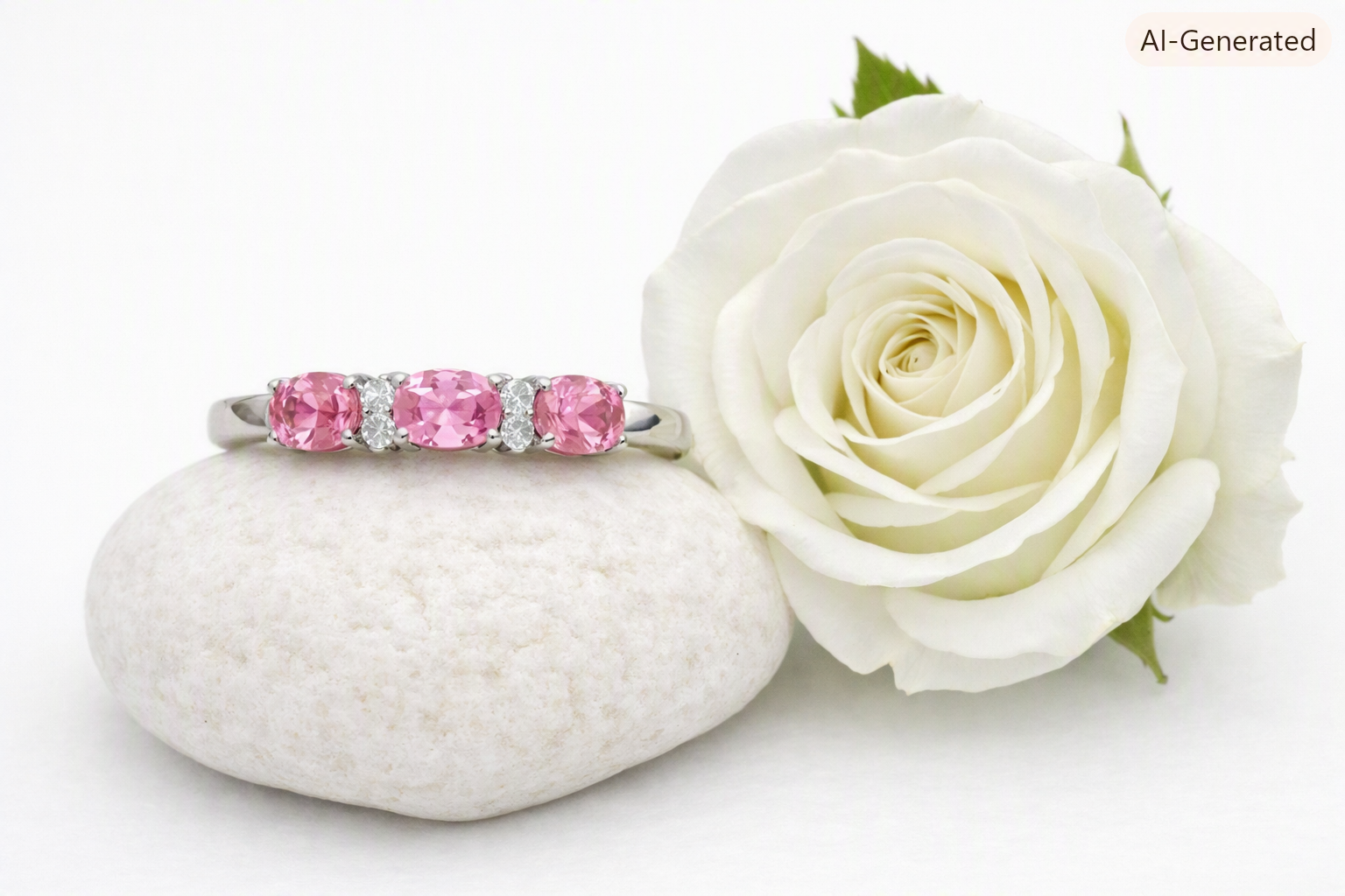 Elegant Three Stone Pink Topaz & Cubic Zirconia Design Silver Ring - Image 2