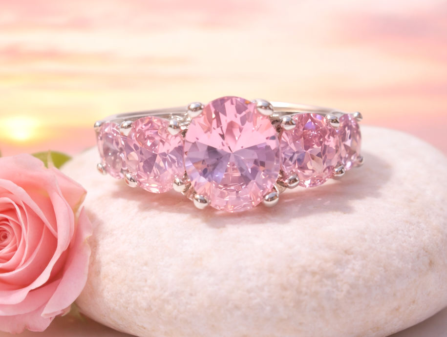 Beautiful 925 Silver 7 Stones Oval Pink Topaz Ring