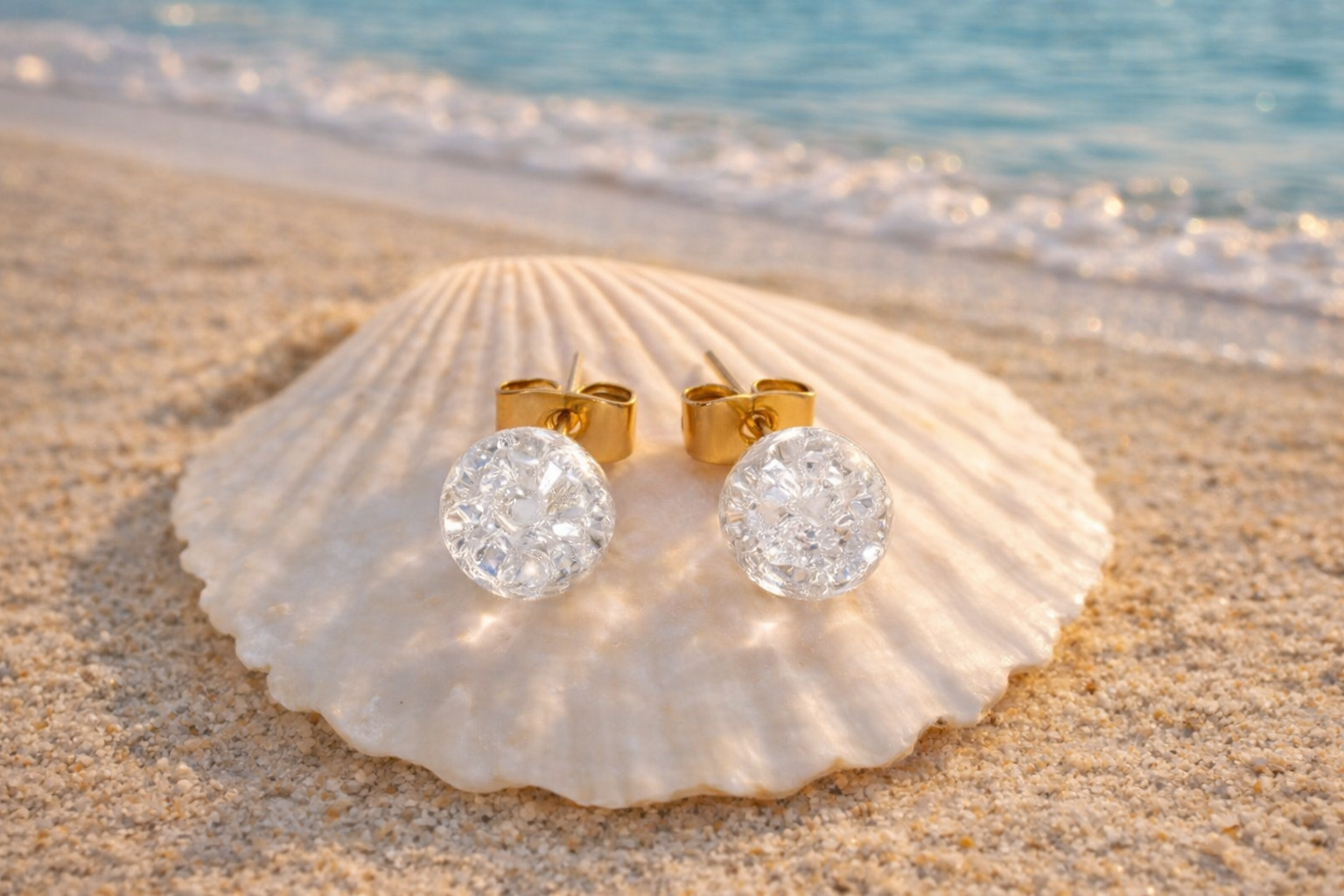 Beautiful Creamy White Resin Bead Gold Tone Stud Earrings - Image 3