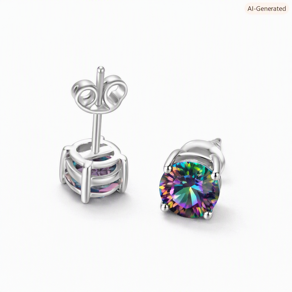 Round Concave‑Cut Mystic Quartz Silver Plated Stud Earrings - Image 2