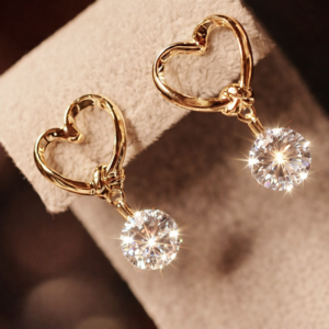 Beautiful Gold Tone Heart Dangle Earrings with Sparkling Zircon