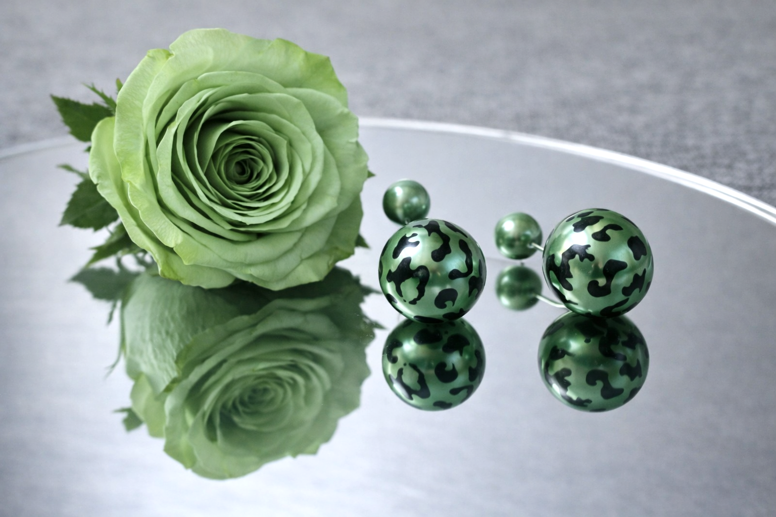 Double sided Stud: Green Print & Green Silver Tone Studs - Image 2