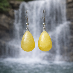Oval Acrylic Faux Yellow Amber Honey Silver Tone Hook Earrings