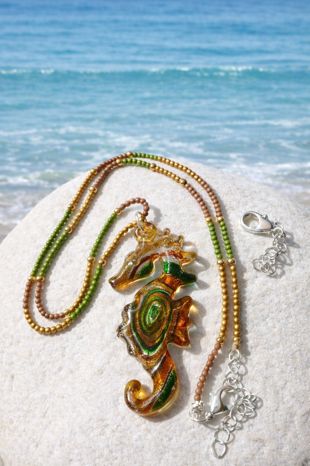 Stunning Resin Seahorse Necklace – Homemade Green, Gold & Brown Beads Necklace