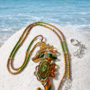 Stunning Resin Seahorse Necklace – Red, Black & Gold Beads