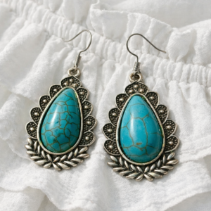 Bohemian Turquoise Drop Earrings – Silver Tone Filigree & Leaf Design