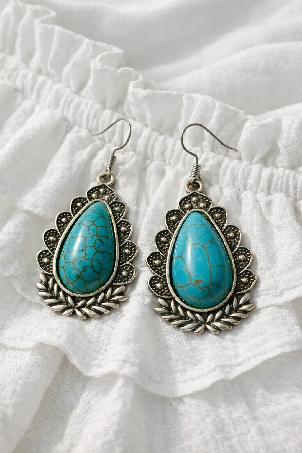 Bohemian Turquoise Drop Earrings – Silver Tone Filigree & Leaf Design