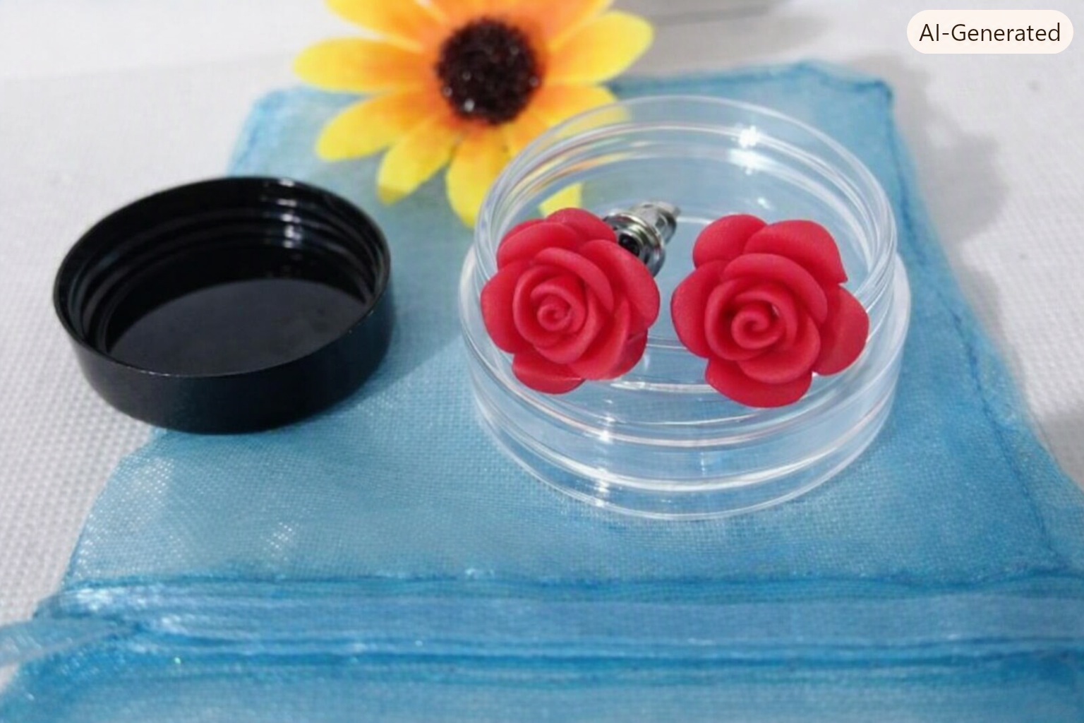 Feminine Sparkling Rose Flower Coral Red Stud Earrings - Image 2