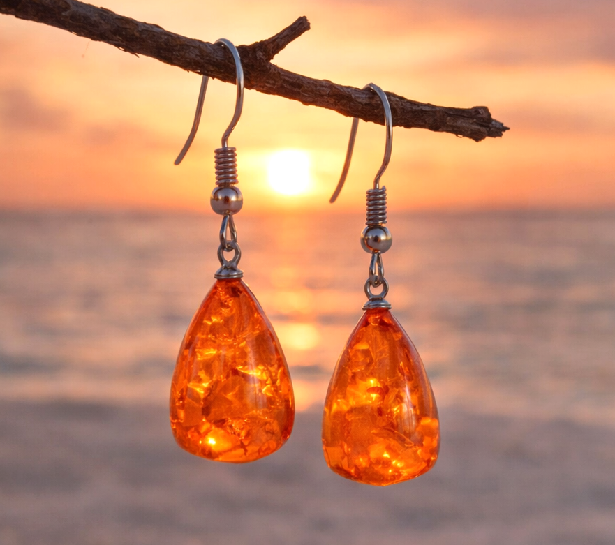 Lovely Imitation Amber Teardrop Earrings – Silver Bead Hooks - Image 2