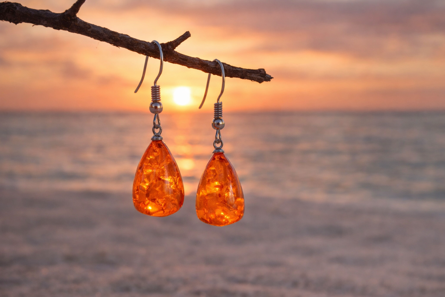 Lovely Imitation Amber Teardrop Earrings – Silver Bead Hooks