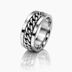 Unisex Titanium Brush Plated Silver Chain‑Link Ring