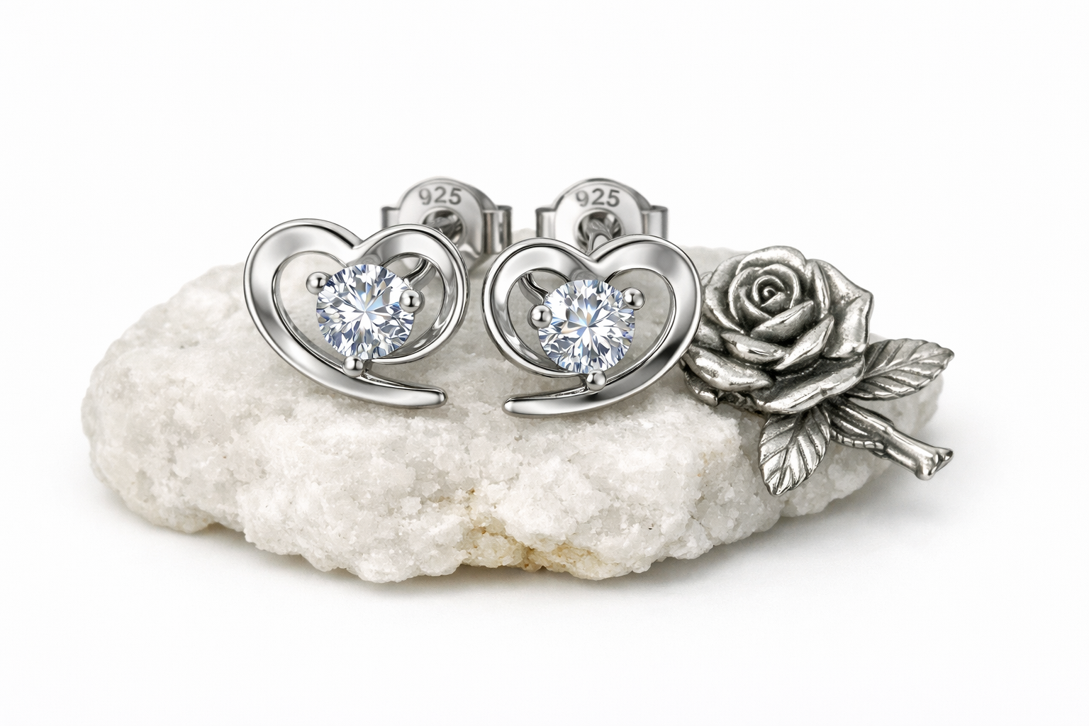 Gorgeous 925 Sterling Silver Heart Cubic Zirconia Stud Earrings - Image 2