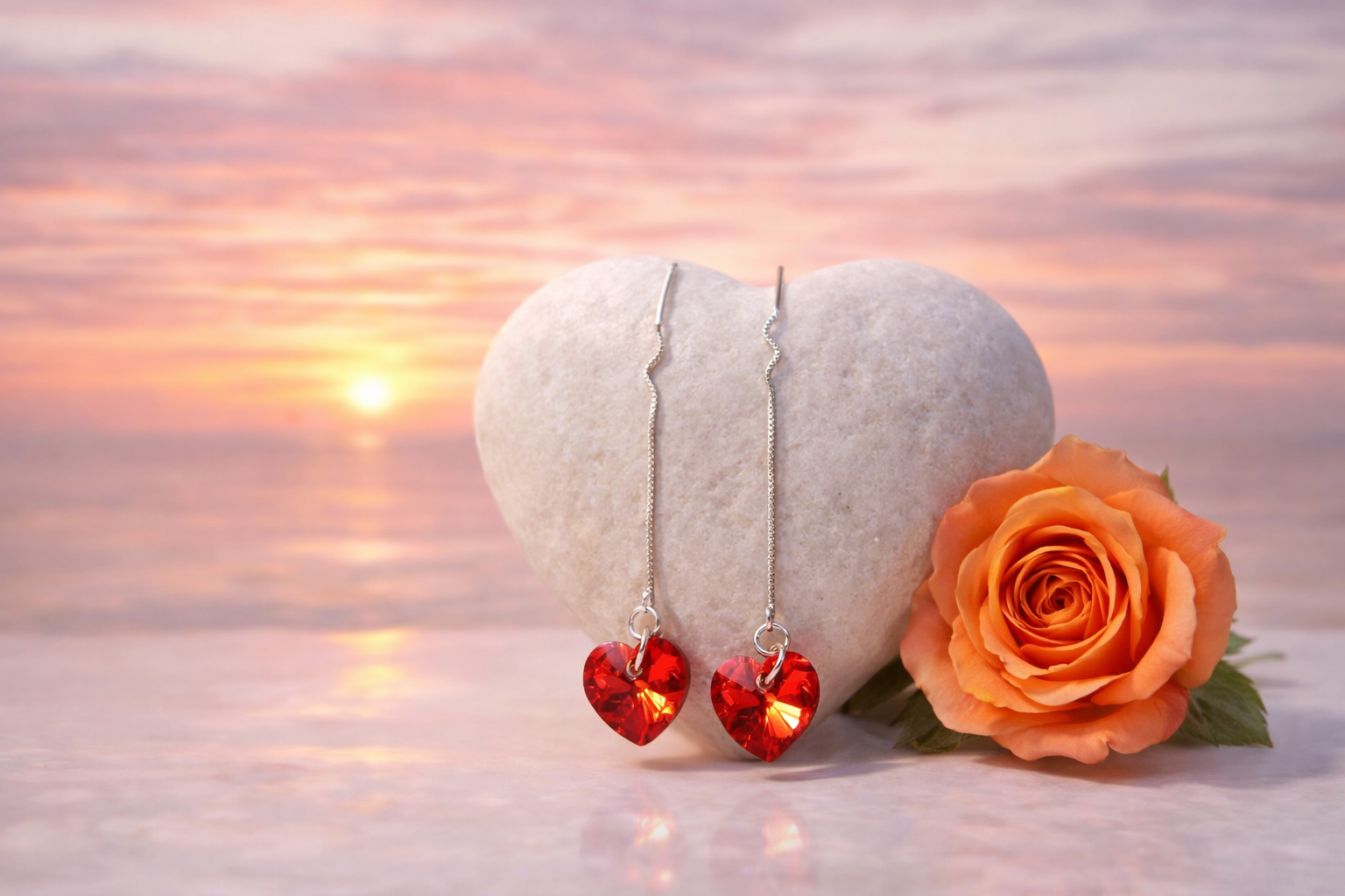 Orange Ocean Heart Earrings – Long Silver Plated Chain Drop