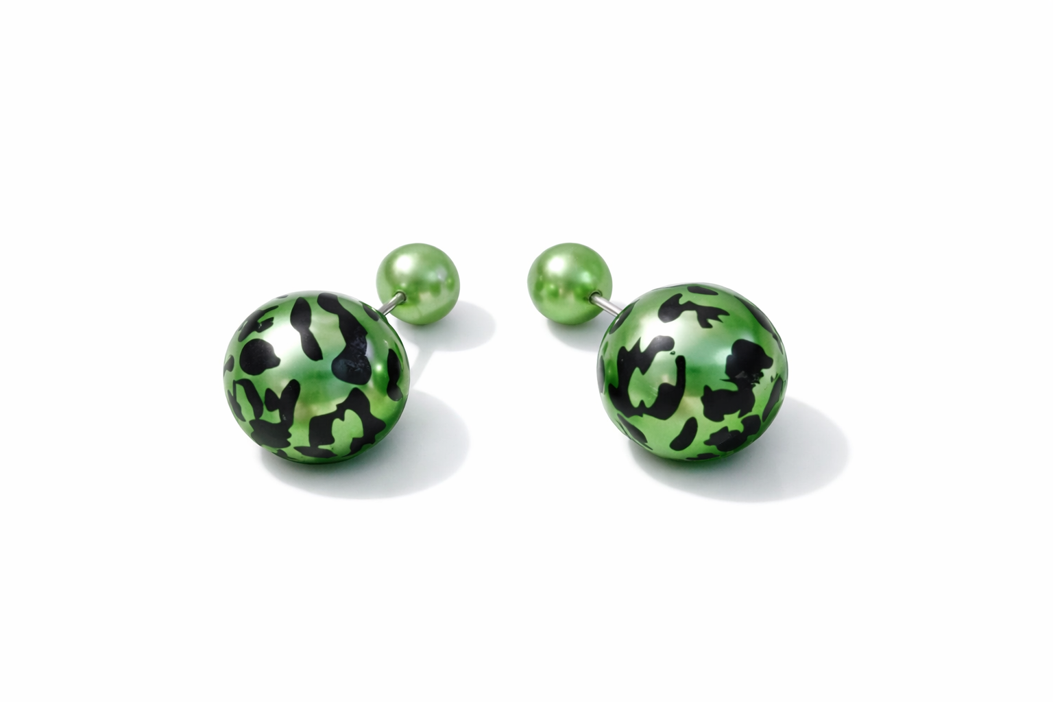 Double sided Stud: Green Print & Green Silver Tone Studs