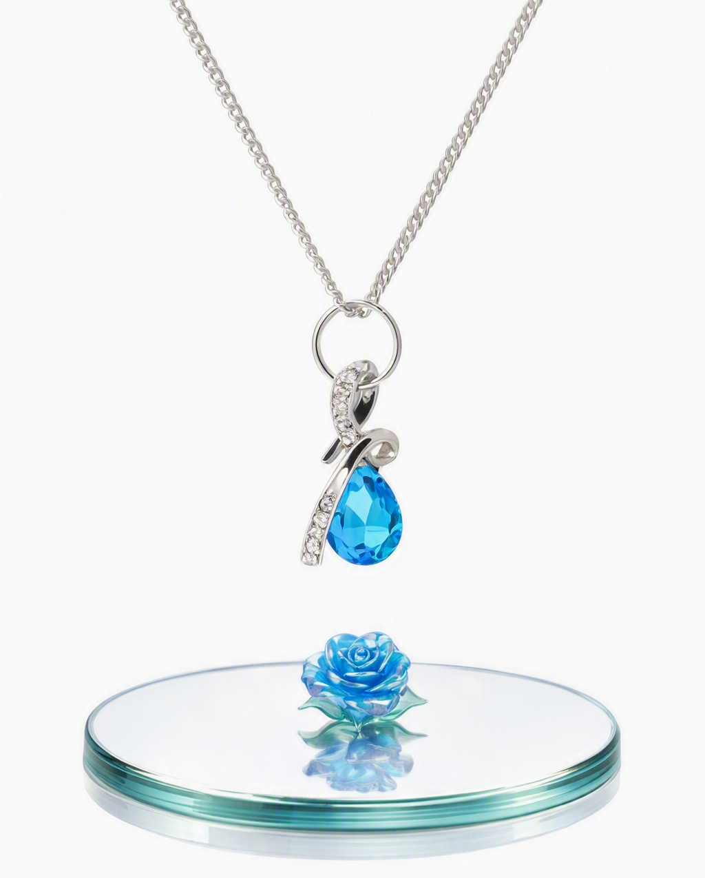 Elegant Silver Teardrop Blue Crystal Necklace