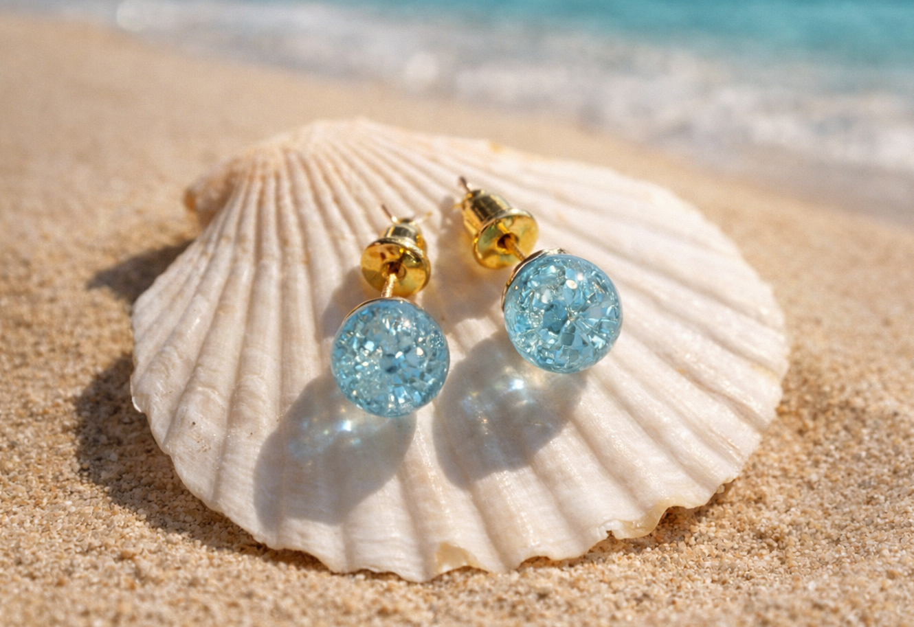 Beautiful Light Blue Resin Bead Stud Earrings