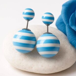 Double sided Stud: Blue & White Striped Silver Tone Studs