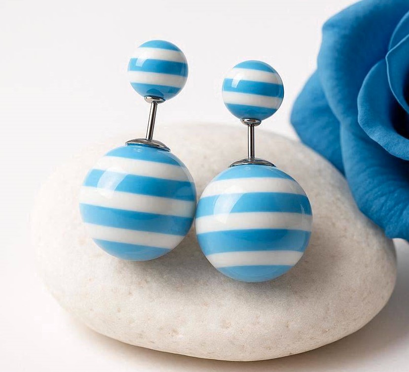 Double sided Stud: Blue & White Striped Silver Tone Studs