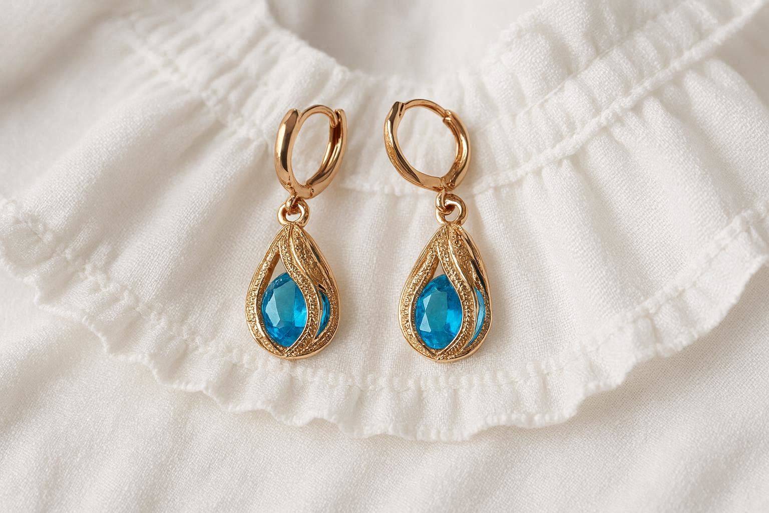 Beautiful 14k Gold Plated Teardrop Earrings – 1.5CT Sky Blue Zircon - Image 2